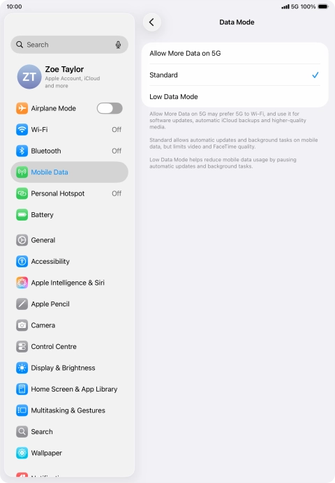 Press the required setting to turn the function on or off.