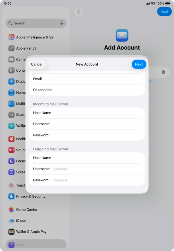 Press Username and key in the username for your email account. Press Username and key in the username for your email account.