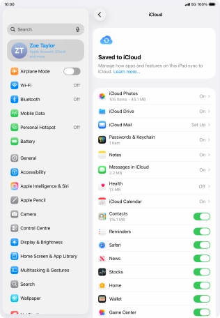 Press the indicators next to the required data types to turn synchronisation of each data type on or off.