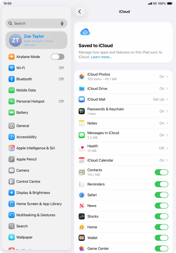 Press the indicators next to the required data types to turn synchronisation of each data type on or off.