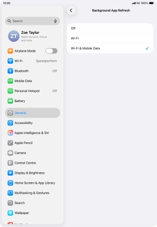 To turn off background refresh of apps, press Off. To turn off background refresh of apps, press Off.