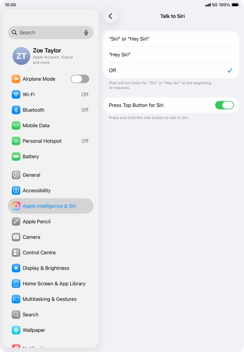 Press the required setting to turn the function on or off. If you turn on the function, you need to follow the instructions on the screen to set up Siri to recognise your voice. Press the required setting to turn the function on or off. If you turn on the function, you need to follow the instructions on the screen to set up Siri to recognise your voice.