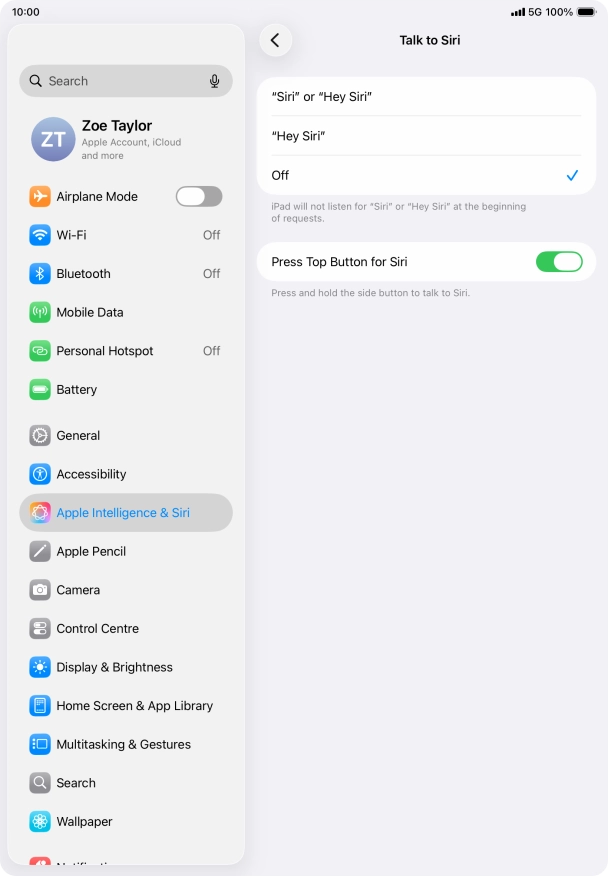 Press the required setting to turn the function on or off. If you turn on the function, you need to follow the instructions on the screen to set up Siri to recognise your voice. Press the required setting to turn the function on or off. If you turn on the function, you need to follow the instructions on the screen to set up Siri to recognise your voice.