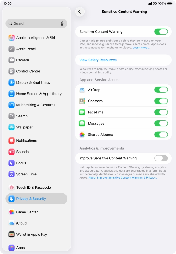 Press the indicators next to the required applications to turn the function on or off.
