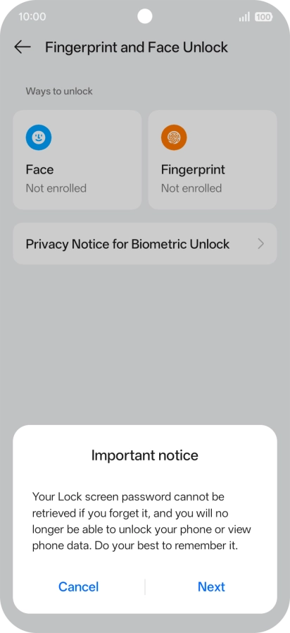 Press Next and follow the instructions on the screen to create an additional phone lock code.