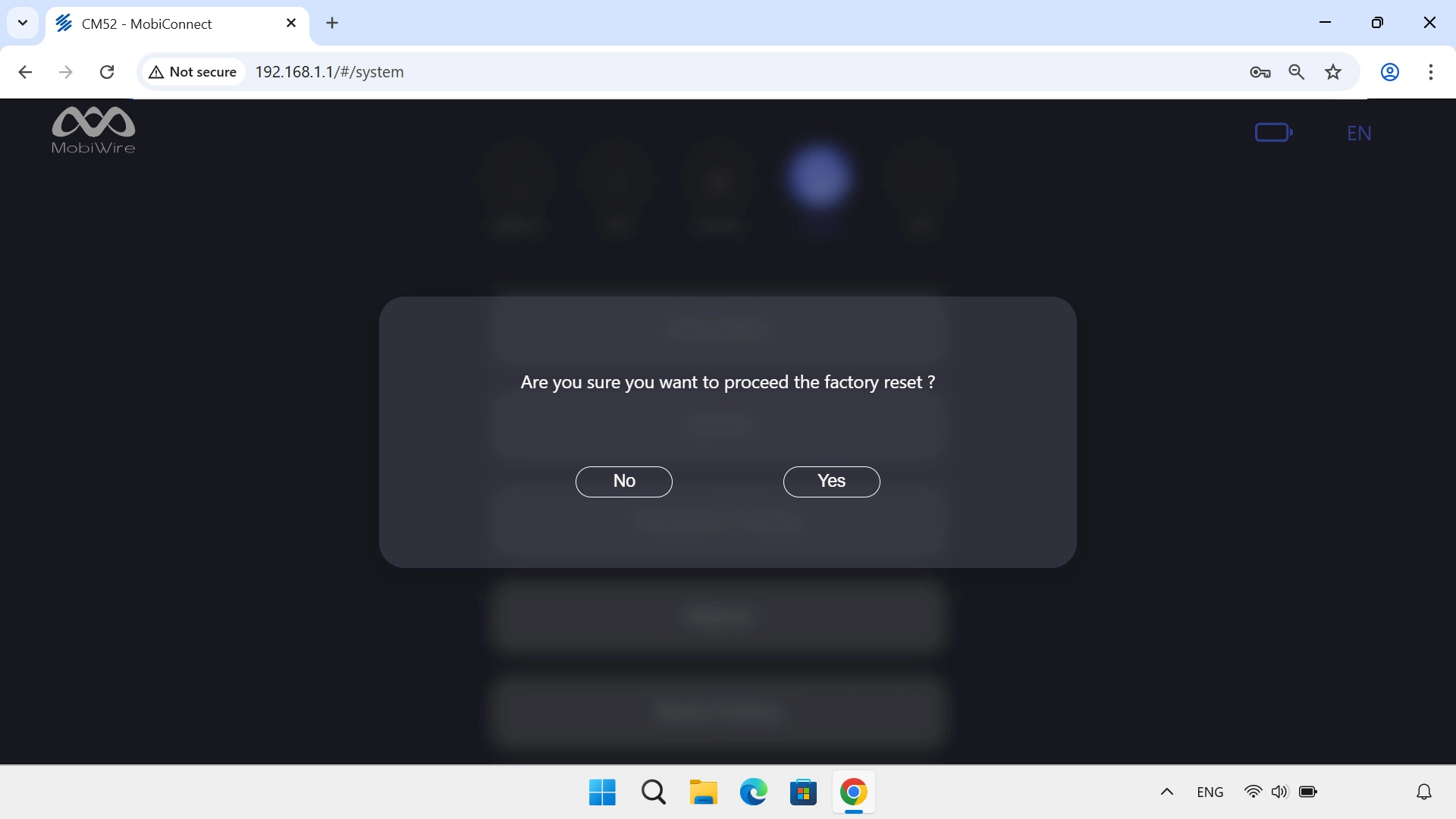 Click Yes and wait while your router restores the factory default settings.