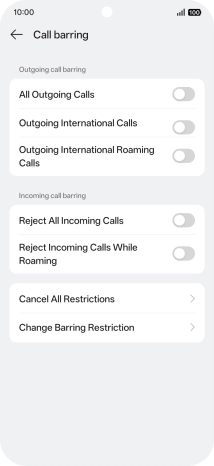 Press the indicator next to the required barring type to turn the function on or off.