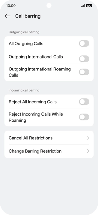 Press the indicator next to the required barring type to turn the function on or off.