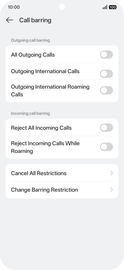 Press the indicator next to the required barring type to turn the function on or off.