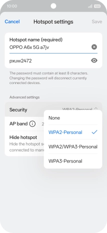 Press WPA3-Personal to password protect your Wi-Fi hotspot.