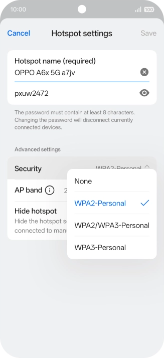 Press WPA3-Personal to password protect your Wi-Fi hotspot.