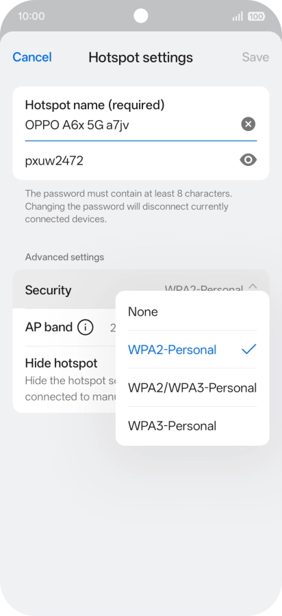 Press WPA3-Personal to password protect your Wi-Fi hotspot.