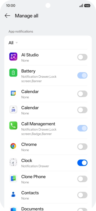 Press the indicators next to the required apps to turn the function on or off.