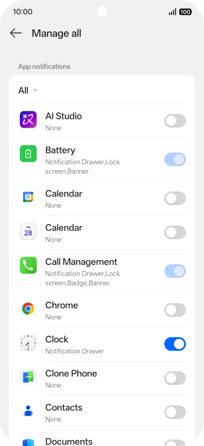 Press the indicators next to the required apps to turn the function on or off.