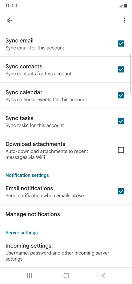 Press the fields next to the required data types to turn synchronisation on or off.
