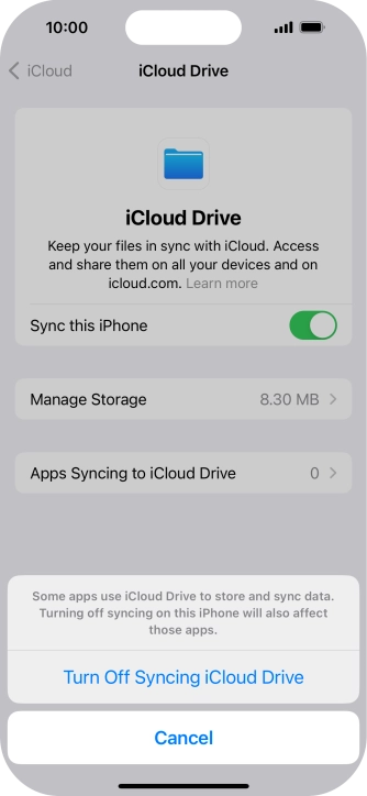 If you turn off the function, press Turn Off Syncing iCloud Drive. If you turn off the function, press Turn Off Syncing iCloud Drive.