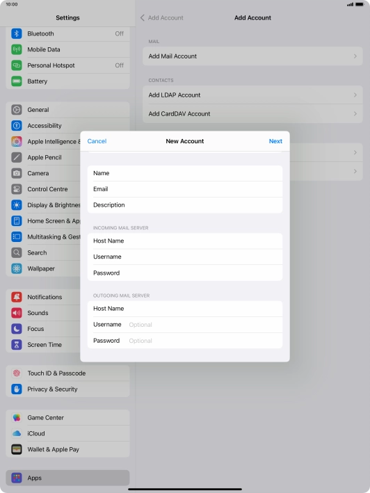 Press Username and key in the username for your email account.