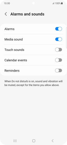 Press the required settings to turn sound and vibration for the selected functions on or off. Press the required settings to turn sound and vibration for the selected functions on or off.