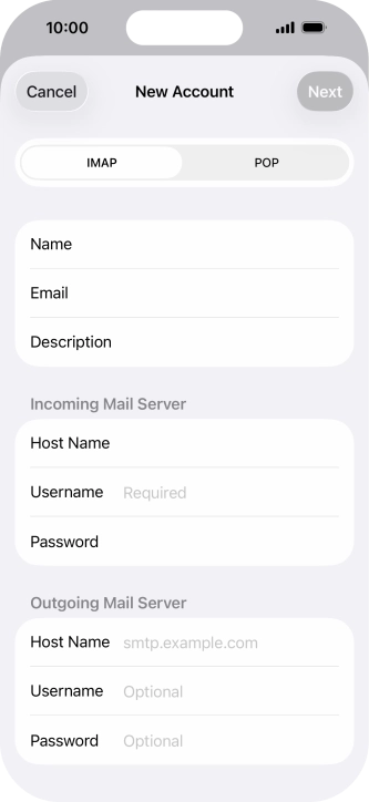 Press Username and key in the username for your email account.