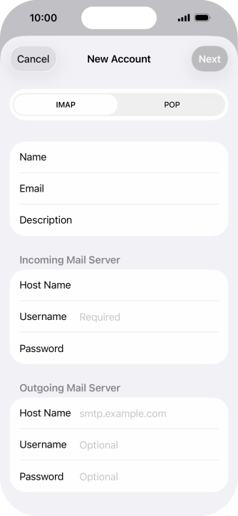 Press Username and key in the username for your email account.