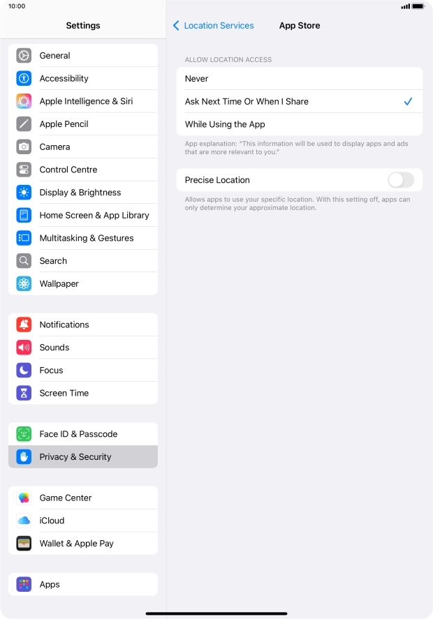 Press the required setting to turn the function on or off.