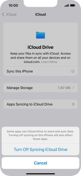 If you turn off the function, press Turn Off Syncing iCloud Drive. If you turn off the function, press Turn Off Syncing iCloud Drive.