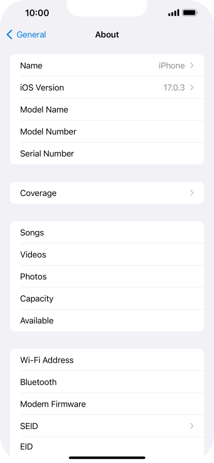 Your phone's software version is displayed next to iOS Version.