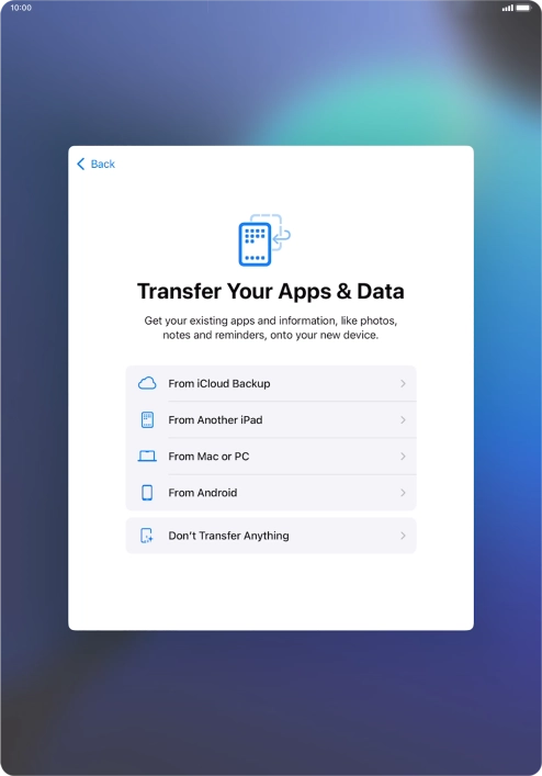 When this screen is displayed, your tablet is ready to restore content from an iCloud backup.