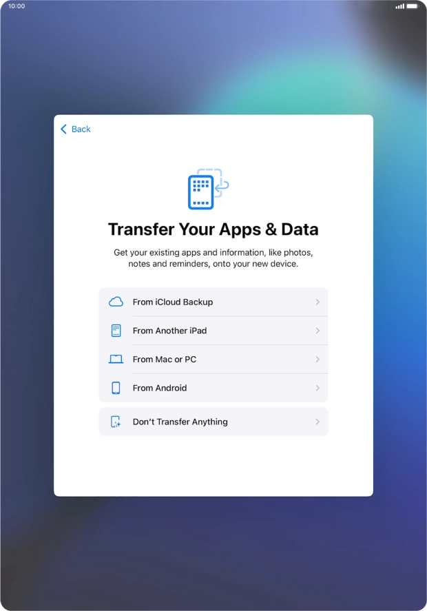 You can transfer the contents of an Android device to your tablet when it's activated for the first time and after a factory reset. When this screen is displayed, your tablet is ready to transfer content from an Android device. You can transfer the contents of an Android device to your tablet when it's activated for the first time and after a factory reset. When this screen is displayed, your tablet is ready to transfer content from an Android device.