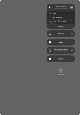 Press the required setting to activate the selected focus mode for a specified period of time or until you leave your current location. Press the required setting to activate the selected focus mode for a specified period of time or until you leave your current location.