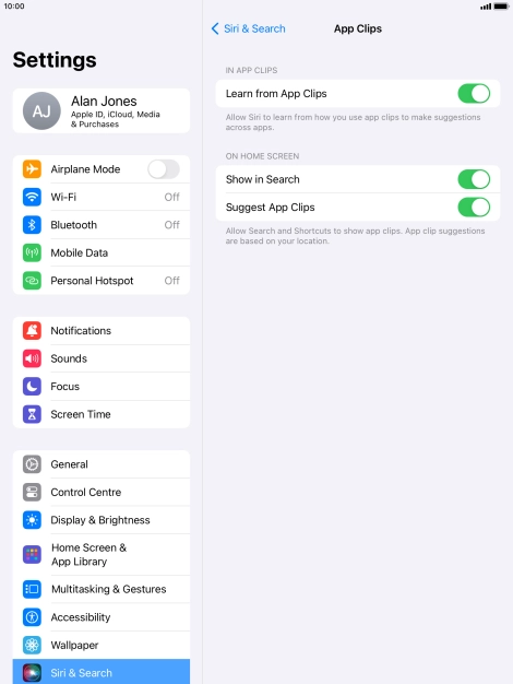 Press the indicators next to the required settings to turn them on or off.