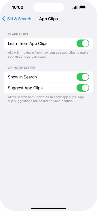 Press the indicators next to the required settings to turn them on or off.