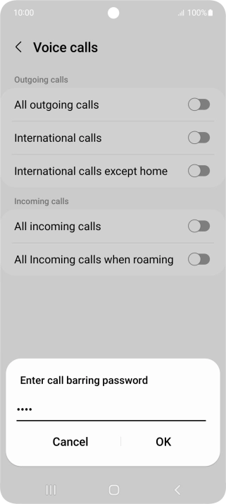 Key in your barring password and press OK. The default barring password is 1919.