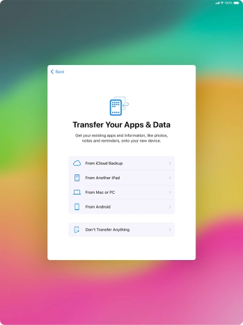 You can restore content from an iCloud backup when your tablet is activated for the first time and after a factory reset. When this screen is displayed, your tablet is ready to restore content from an iCloud backup.
