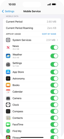 Press the indicators next to the required applications to turn the function on or off.