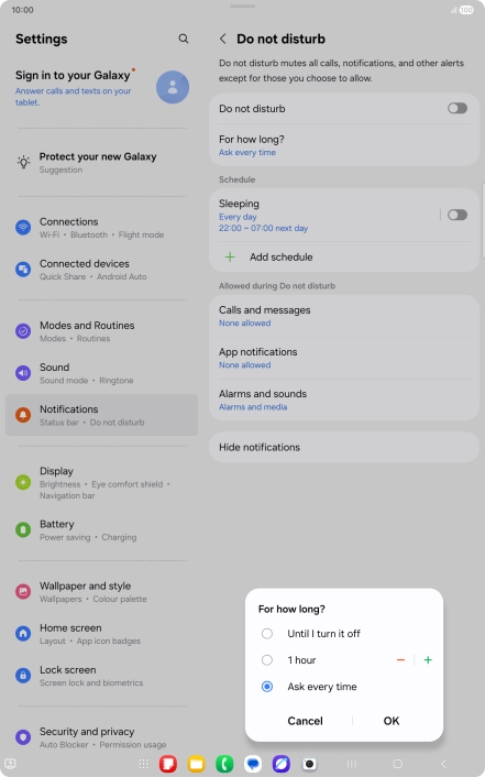 Press the required setting.