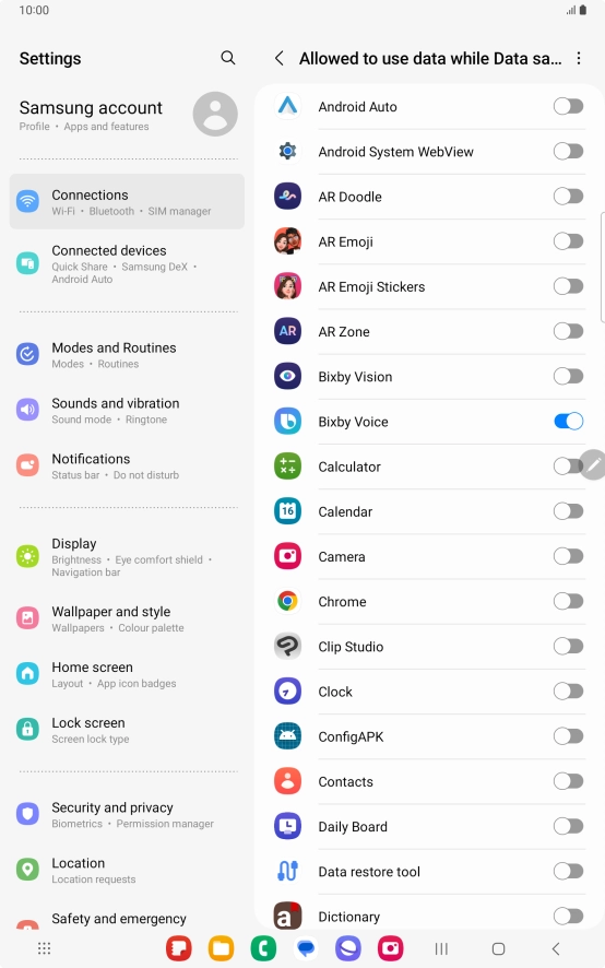 Press the indicators next to the required apps to turn the function on or off.