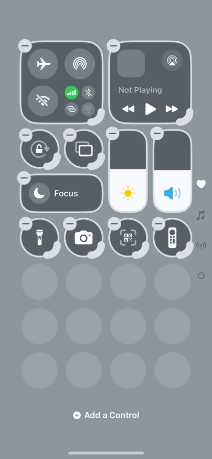 Press Add a Control and follow the instructions on the screen to add the required function to Control Centre.