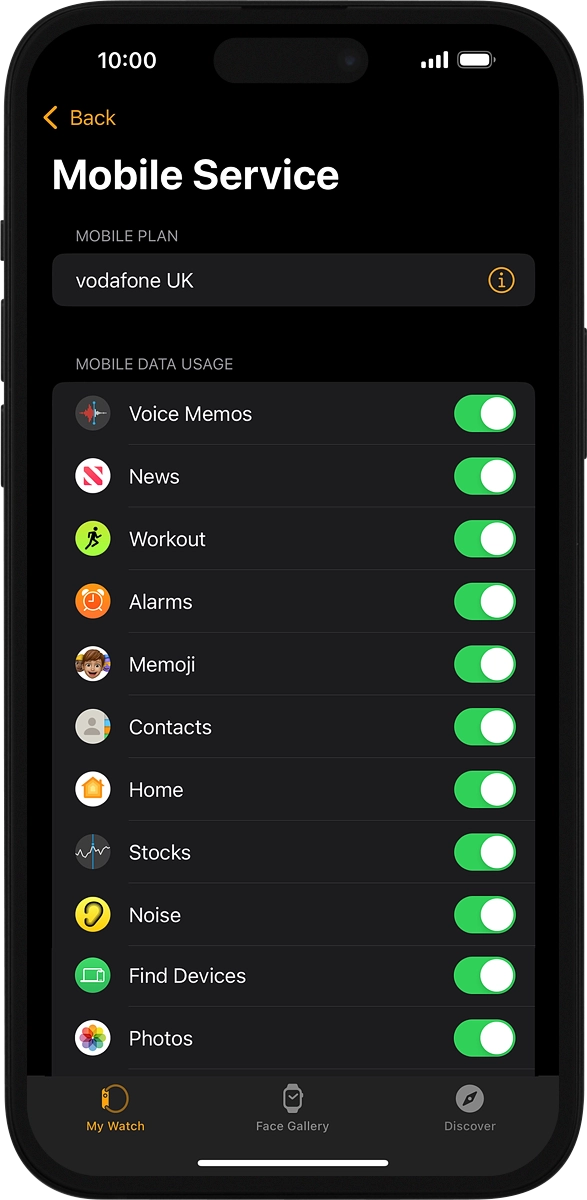 On your phone: If you've bought your Apple Watch from Vodafone, you already have a OneNumber Connectivity price plan and this screen, showing the active price plan, should be displayed.
