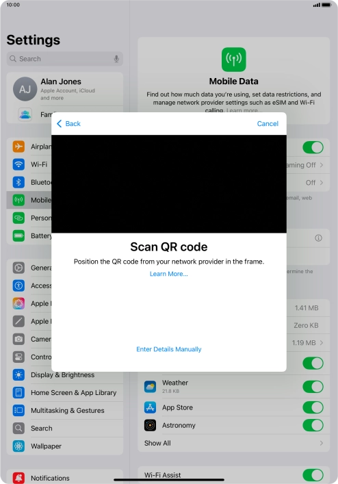 Place the QR code you've received inside the tablet camera frame to scan the code. Your eSIM is transferred to your new tablet over the internet.