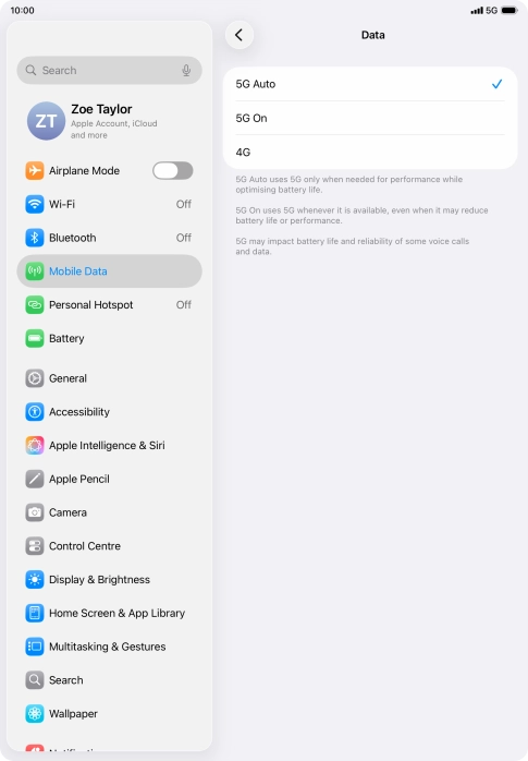 To turn on automatic switch between 5G and 4G, press 5G Auto.