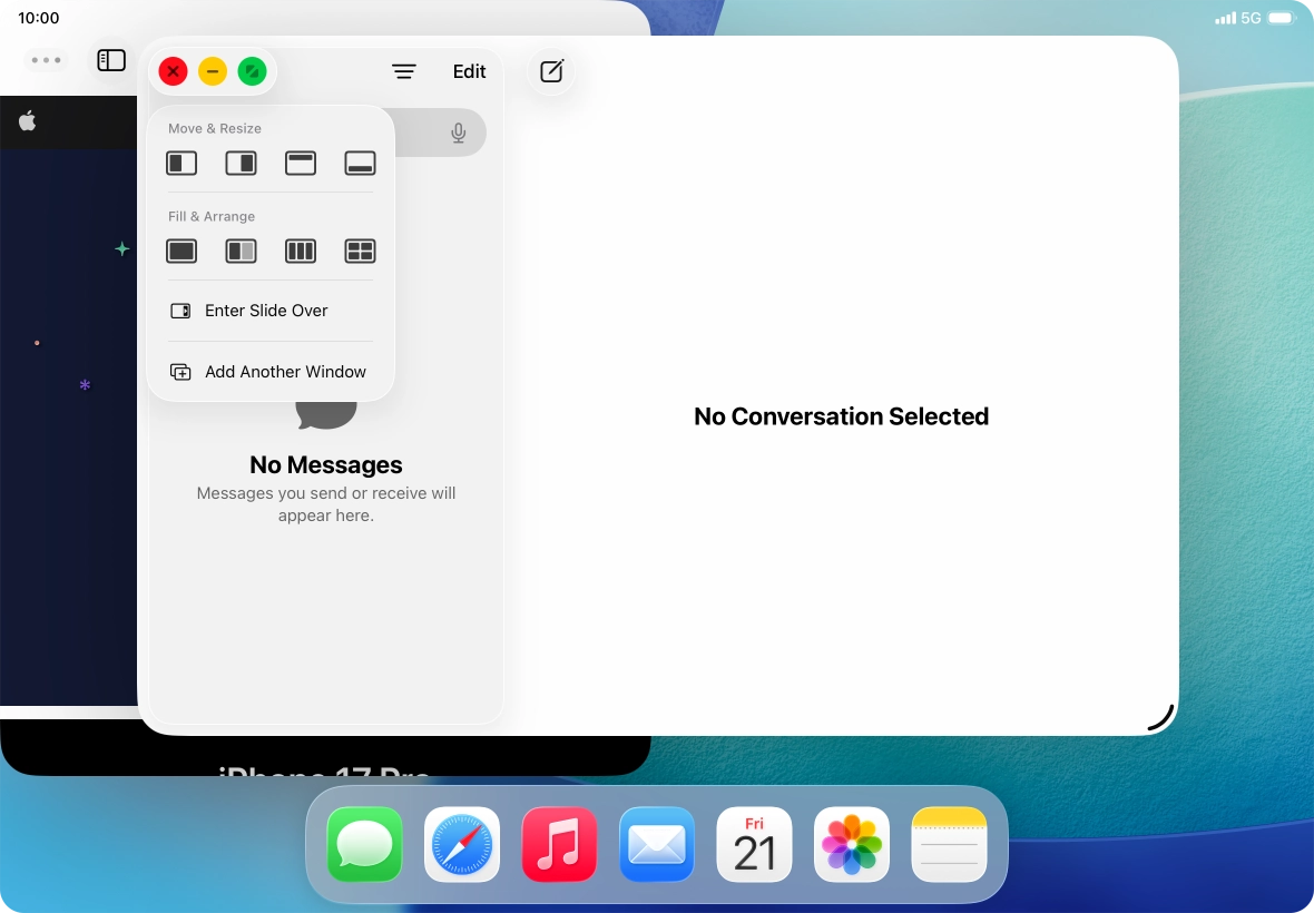 Press the required setting to place the application window on the opposite side of the screen from the first application window. Press the required setting to place the application window on the opposite side of the screen from the first application window.