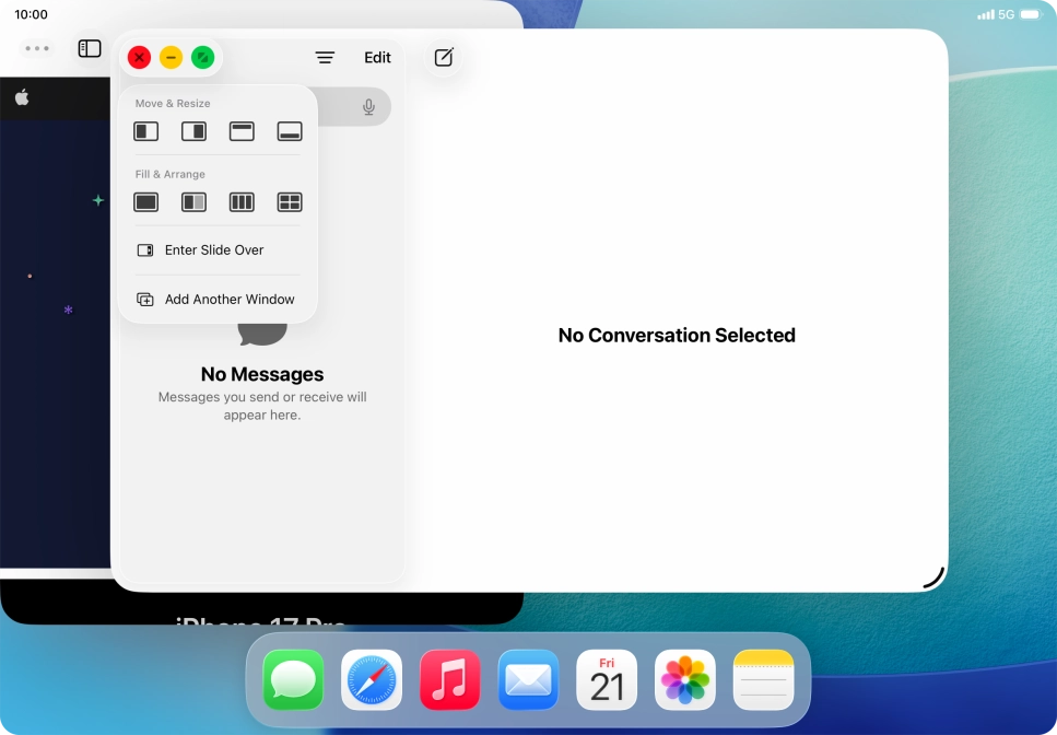 Press the required setting to place the application window on the opposite side of the screen from the first application window. Press the required setting to place the application window on the opposite side of the screen from the first application window.