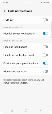 Press the indicators next to the required settings to turn display of the selected notification types on or off. Press the indicators next to the required settings to turn display of the selected notification types on or off.