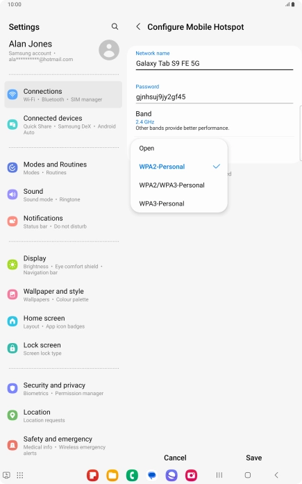 Press WPA3-Personal to password protect your Wi-Fi hotspot.
