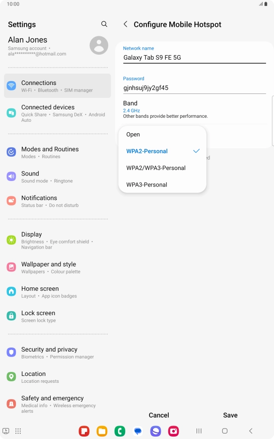 Press WPA3-Personal to password protect your Wi-Fi hotspot.