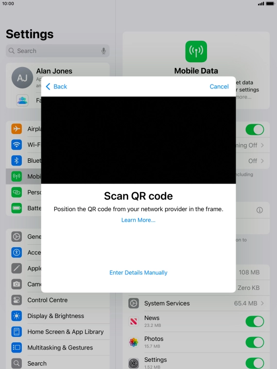 Place the QR code you've received inside the tablet camera frame to scan the code. If you’ve deleted your eSIM, you can re-add it using your existing QR code. If you’re having problems, see our FAQ.