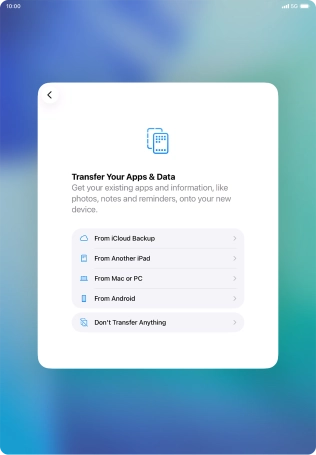 When this screen is displayed, your tablet is ready to restore content from an iCloud backup.