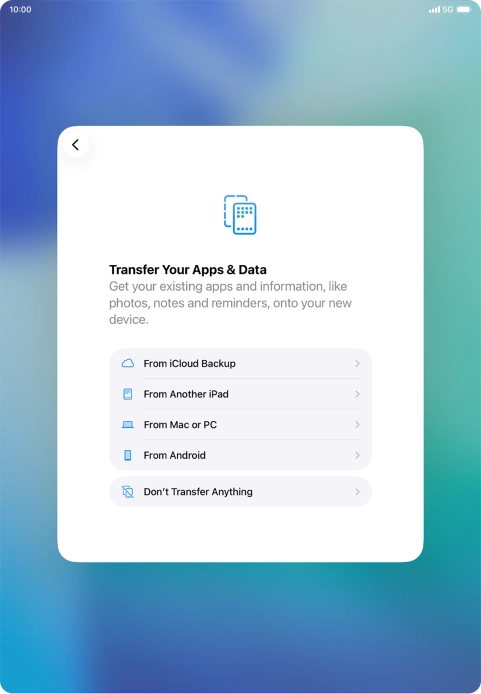 When this screen is displayed, your tablet is ready to restore content from an iCloud backup.