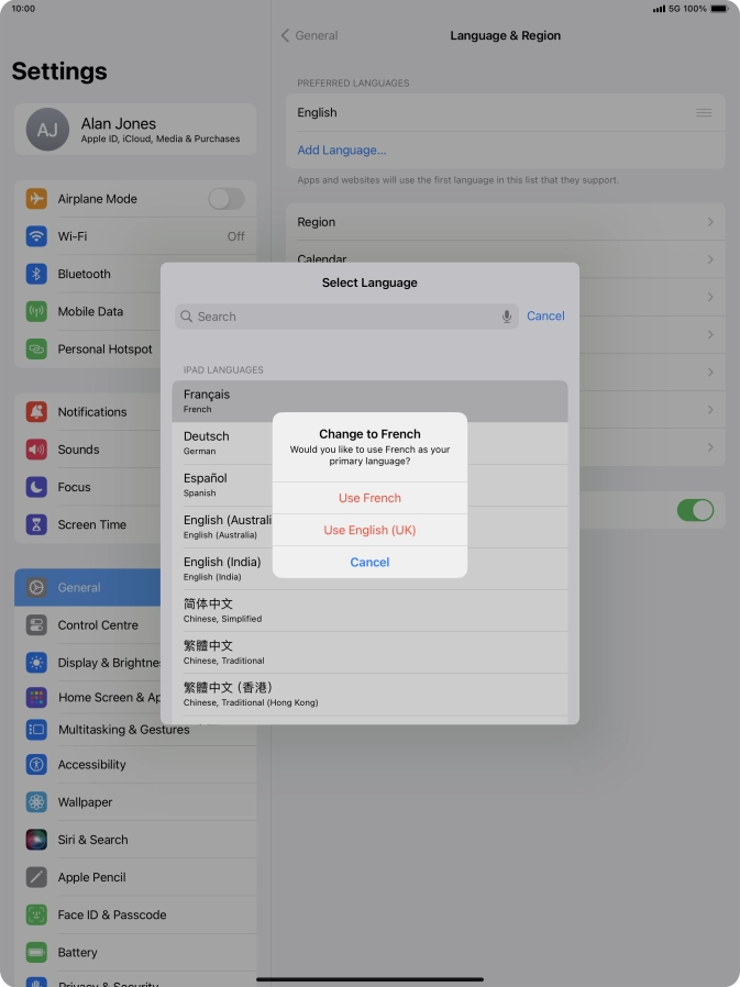 To select the new language as the default tablet language, press Use ‹language›.